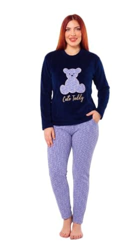 PROJECT Z Women's Winter Fashion Pajamas Lorina-3179 Long Sleeve Top Pants Set, Teddy Bear Design, L-2XL - Multi Color