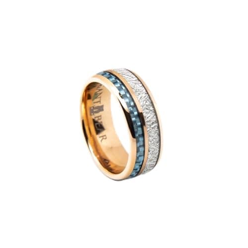 Gold Tungsten Carbide Ring inlaid with blue carbon fiber and artificial meteorites A131
