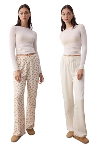 Trendyol Womens Beige-multicolor 2-pack Croissant Pattern Viscose Woven Pajama Bottoms Thmaw26pj00000 Pajama Bottoms (pack of 1) Apparel
