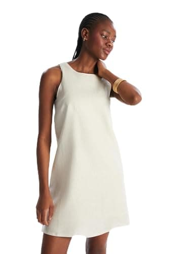 LC WAIKIKI Woman Crew Neck 100% Linen Mini Dress
