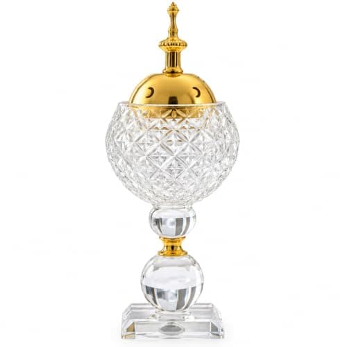 Luxury Crystal Incense Burner with Gold Lid Large Size | Cut Crystal Bowl, Ornate Gold Finial, Pedestal Base, Smoke Vent Holes, Home Decor