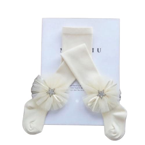 Girls cream warmer socks with tulle bow and rhinestone star (2years) | Tulle Ruffle Detail, Rhinestone Embellishment, Crew Length, Girls' Dress Socks, Ivory Colour