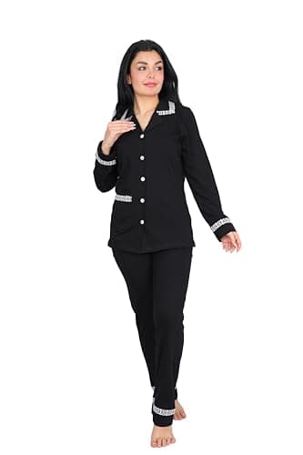 Women's Viscose Long Sleeve Lace Detail Pajamas Black, Maroon & Navy