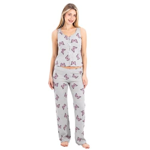 ZECOTEX Women's Pajama Set | Ribbed Cotton | Butterfly Print, Grey with Pink | Sleeveless Tank Top and Pants | Soft Breathable Loungewear | Sizes S to XXL