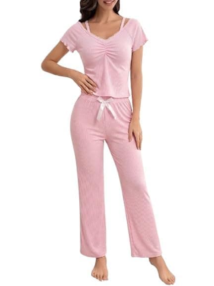 Women Summer Pajamas Cotton 2 Piece – Comfortable Bowknot Sleepwear Set, Soft and Light Material, Practical Everyday Wear One Size 60-85K