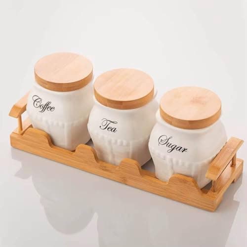 Generic Porcelain Ribbed Canister Set, Coffee, Tea and Sugar Jars with Airtight Bamboo Lids, Wooden Tray, 660ml, 3 Piece, .sew