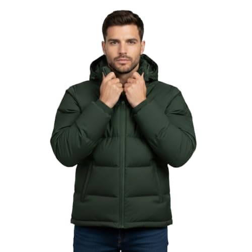 Men's Hooded Puffer Jacket, Dark Green, Quilted Winter Coat with Full-Zip Closure