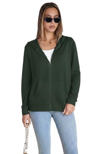 Women's Full Zip-Up Hoodie Sweatshirt, Dark Green, Long Sleeve, Casual Style with Kangaroo Pocket
