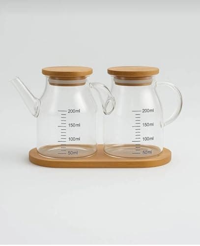 Generic Glass Oil Dispenser with Bamboo Lid and Coaster, 200ml, for Oil, Vinegar or Sauces, with Measurement Markings, .sa Bottle