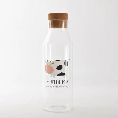 Large 1000ml Glass Juice Bottle with Wooden Stopper Cow Pattern Clear Milk Carafe Reusable Water Pitcher for Refrigerator Organizing Sleek Design