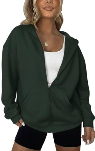 Women's Oversized Zip Up Hoodie, Dark Green, Long Sleeve Sweatshirt with Pockets