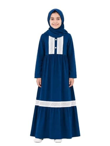 Girls' Modest Isdal Dress, Long Sleeve, Lace Trim Detail, Tiered Maxi Style, with Hijab - Darkblue