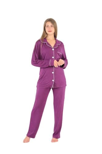 Women's Soft Knit Comfy Pajama Set Long Sleeve Top Wide Leg Pants Lightweight Home Sleepwear Button Pajama Set