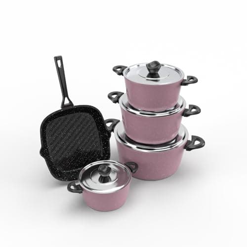 Nuvira Pro 9 Piece Granite Cookware Set, Candy Rose, Pots 18/20/24/28 cm with 28 cm Grill Pan