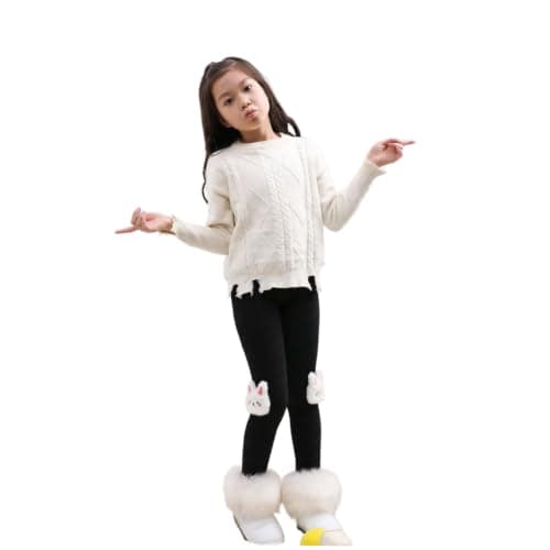 Girls tight warm leggings with rabbit details(10years) | Cartoon Bunny Appliqué, Long Sleeve Top, Kids Winter Outfit, Elastic Waistband, Cream and Black