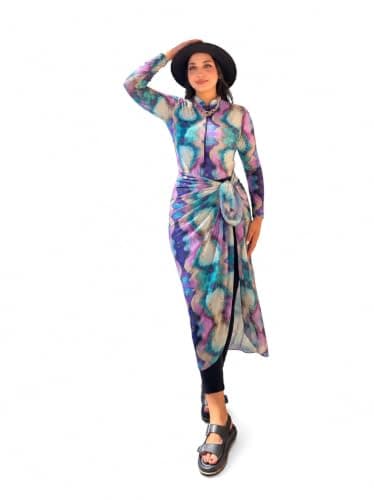 Women's Modest Burkini Swimsuit 5-Piece Set – Marble Print Zip Rash Guard Top, Leggings, Skirt, Sarong Wrap & Swim Cap From La Vie Model LV-BRK-214