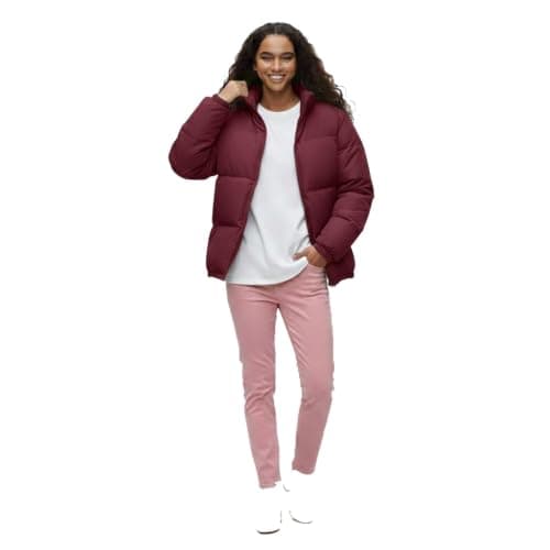 Women's Burgundy Puffer Jacket, Quilted Winter Coat, Stand Collar, Cropped Style