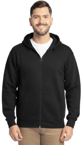 Men's Full Zip Fleece Hoodie Sweatshirt, Black, Kangaroo Pocket, Casual Style