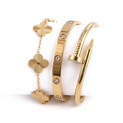 3 Piece Women Bracelet Set Titanium Steel Stainless Steel Non-Fading Bracelet Color: Gold