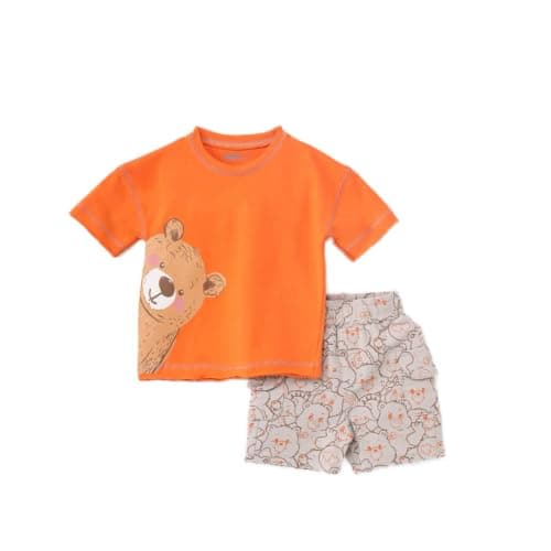Bebic T-shirt + Shorts Set for Baby Boys - Baby boy 2-piece set: orange t-shirt with bear print