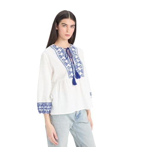 DeFacto Woman Casual Woven Top Regular Fit Crew Neck 3/4 Sleeve Long Sleeve Blouse E6527AX