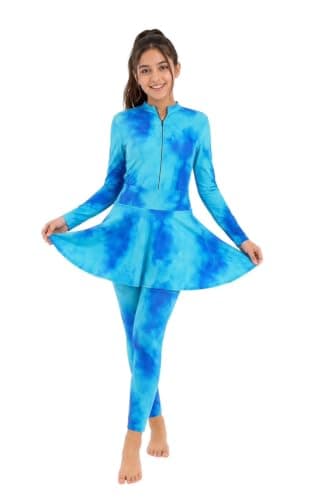 Girls 2 Piece Swimsuit Long Sleeve Zip Front Jumpsuit with Skirt | Elastic Quick Dry Material, Separate Secret, Beach & Pool, Kids Swimwear, Zipper Front