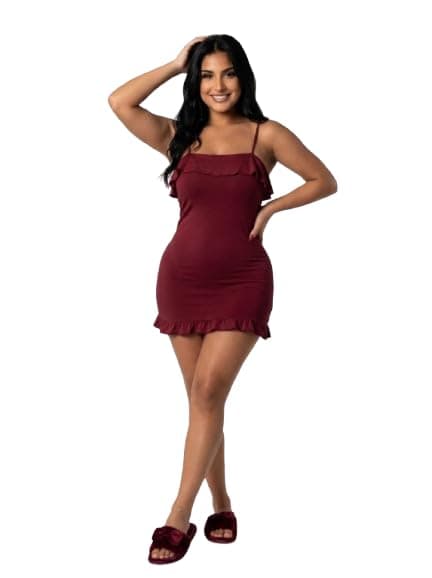 Louna Fashion Women's Burgundy Mini Slip Dress with Ruffle Trim | Spaghetti Straps, Chest Ruffle Detail, Bodycon Fit, Hem Frill, Sleeveless Design Nightgown nightshirt