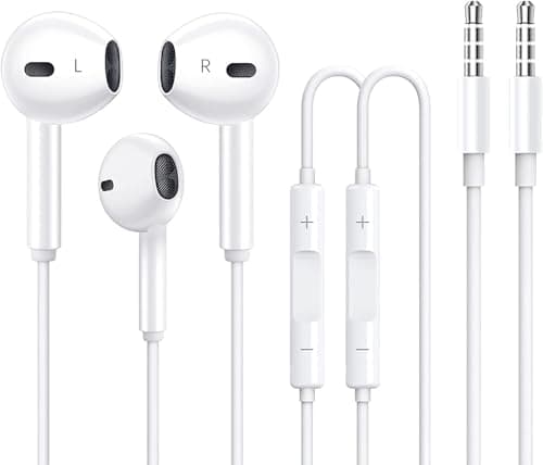 Wired Earphones with Microphone and Volume Control, 3.5mm Jack, White, Compatible with iPhone, iPad, iPod, Android, PC, MP3/4 (Pack Of 2 R-1) Headphones
