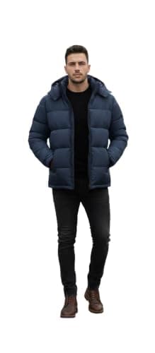 Men's Navy Blue Hooded Puffer Jacket, Quilted Winter Coat, Zip-Up Padded Outerwear