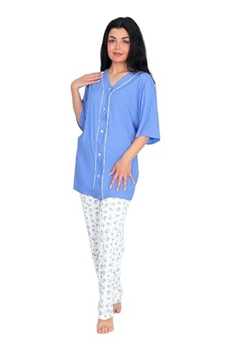 Women's Polyester Pajama Set Button Down Shirt and Pants Set - Pickle & Blue - Floral