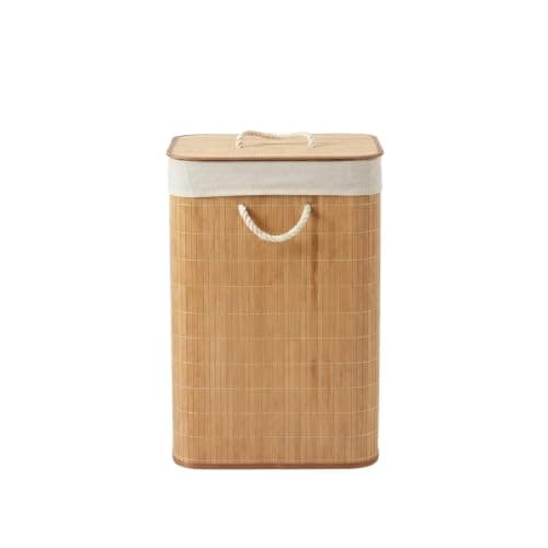 Bamboo Laundry Basket Linen Lined - Multi-Use Clothes and Toys Storage Basket with Wood Lid - Heavy and Durable Linen Material - Helps Organize Clothes and Items Indoor KH Laundry hamper