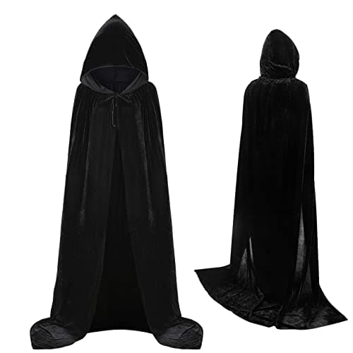 Wonka JOKBEN Hooded Cloak, Velvet Long Cape Halloween Costumes,Medieval Jedi Robe for Masquerade Cosplay Vampire/Devil/Grim Reaper/Witch/Wizard/Magician/Knight,Black Unisex Kids Adults Outfit