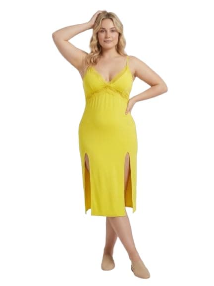 Louna Fashion Yellow Midi Slip Dress with Lace Trim and Double Slit | V-Neckline, Spaghetti Straps, Plus Size, Sleeveless