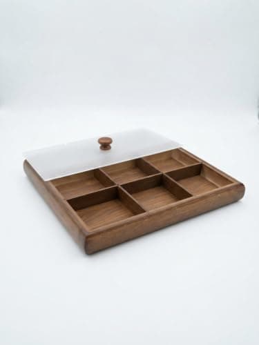 Wooden Snack Serving Organiser 6-Compartment with Lid. | Semi-Transparent , Handle, Rectangular Design, Brown Finish, Multi-Use Storage