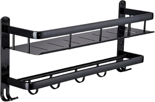 60cm Aluminum 2 Tier Wall Bathroom Organizer Shelf with 5 Hooks - Black | 2 Door 60cm Wall Bath Shelf with 5 Hooks and Drain Slots, Organize Your Bath, Towel and Space Saving.