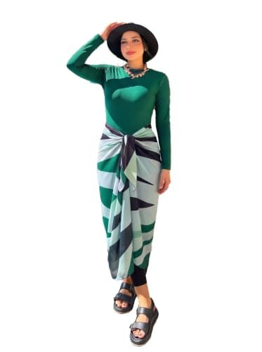 Women's Modest Burkini Swimsuit 4-Piece Set – Full Body Swim Jumpsuit, Skirt, Geometric Chiffon Sarong & Swim Cap From La Vie Model LV-BRK-187