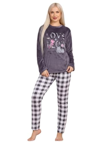 Project Z Women Winter Pajamas Lorina 3189 2 Piece Set Plush Long Sleeve Top & Plaid Pants Warm Cozy Home Pajamas for Sleep and Lounge, Cat Style, Multi Color - Large to 2XL