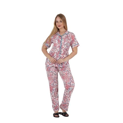 ZECOTEX Women Classic Pajamas Set S-3XL | Pink Blue Paisley Print | Short Sleeve Button Down Collared Cotton Sleepwear Loungewear | Soft Breathable Homewear | Made in Egypt