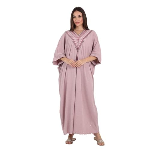 ZECOTEX Women's Long Cotton Nightgown Abaya | Embroidered V-Neck, Loose Fit | Elegant Sleepwear & Loungewear Nightgown nightshirt