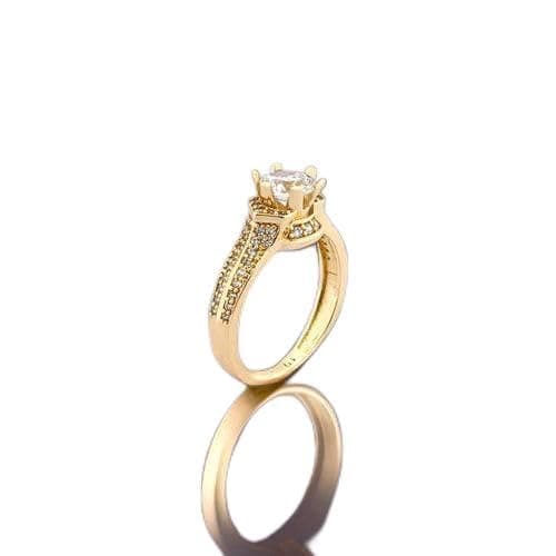 3 Diamonds 292474661779572 Gold Finish Solitaire Ring with Clear Zircon and Paved Band