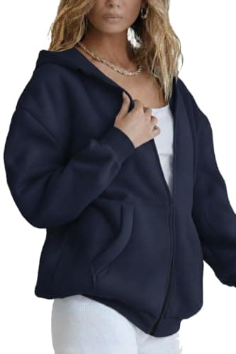 Women's Oversized Zip-Up Hoodie, Navy Blue, Fleece, Long Sleeve, Casual Style with Pockets Sweatshirt