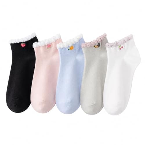 TRENDORA Women’s Ankle Socks, Cotton Blend, 5 Pairs, Cute Embroidered Designs, Ruffled Cuffs, Soft & Comfortable Everyday Socks