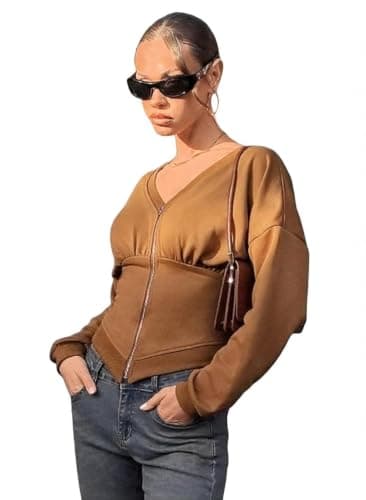 Women's Shades Of Brown Zip-Up Cropped Sweatshirt,Autumn Streetwear Everyday V-Neck Ruched Chest Dropped Shoulder Loose Long Sleeve Vintage Boho Top