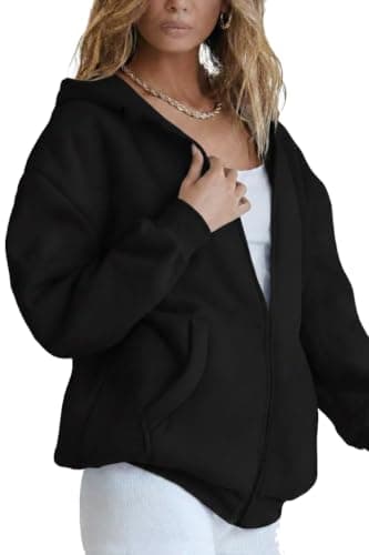 Women's Oversized Zip-Up Hoodie, Black, Fleece Sweatshirt Jacket with Pockets, Casual Style