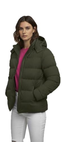 Women's Hooded Puffer Jacket, Olive Green, Quilted Winter Coat, Zip-Up, Warm Outerwear
