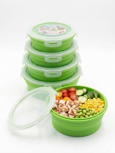 Generic Round Collapsible Silicone Food Storage Containers,Airtight Lids, Set of 4, for Fridge, Work, and Travel. (Green)