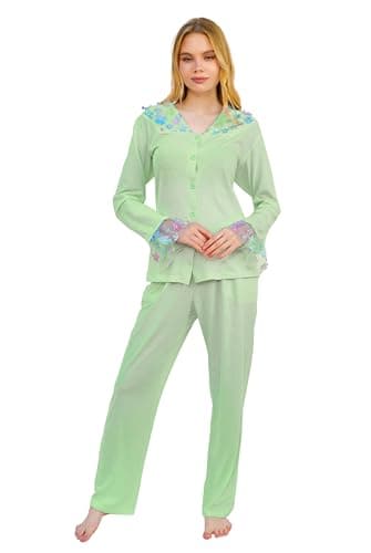 Dadosh Women's Long Sleeve Pajamas Set with Lace and Buttons, Polyester and Cotton Elegant Sleepwear Soft Lightweight Breathable Summer Sleepwear - Long Sleeve Button Pajamas for Women