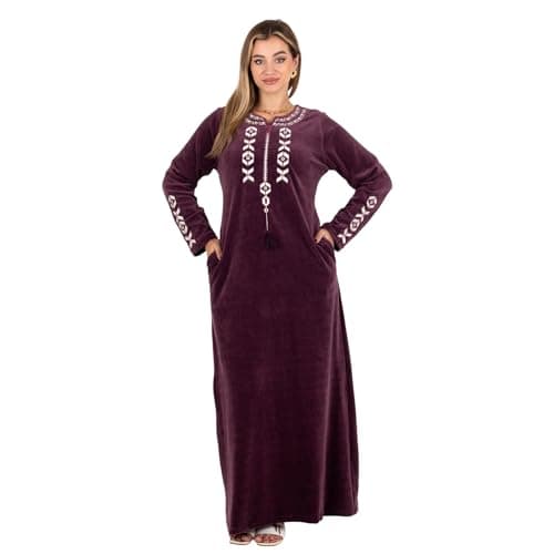ZECOTEX Elegant Velvet Embroidered Nightgown | Winter Night Dress with Chest & Sleeve Embroidery | عباية قطيفة شتوي مطرزة Nightgown nightshirt
