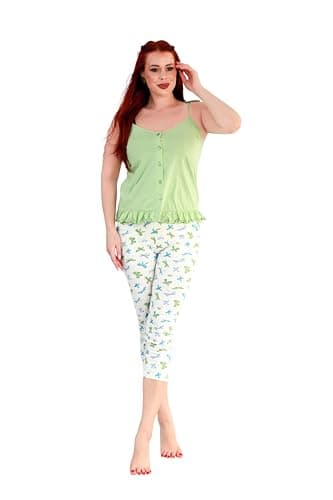 Women's Polyester Cotton Green Pink Casual Cap and Camisole Set Pajamas