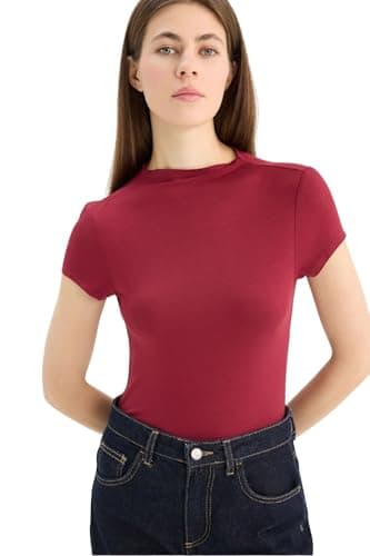 DeFacto Womens Slim Fit Mock Neck Short Sleeve Casual Knitted Short Sleeve T-Shirt E5906AX Short Sleeve T-Shirt